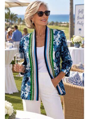 Chicos Size Medium (1)  Floral Open Jacket Blue/Green Print